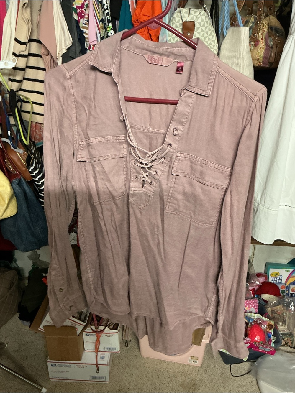 SO Lace-Up V-Neck Button Down Shirt - Dusty Rose